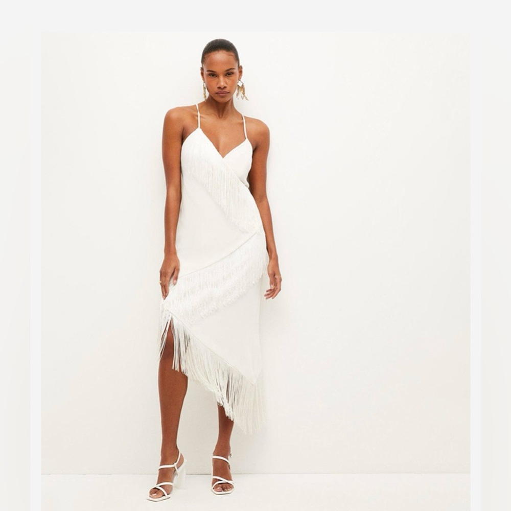 Karen Millen Asymmetric Fringe Strappy Cami Midi Dress Size 10
